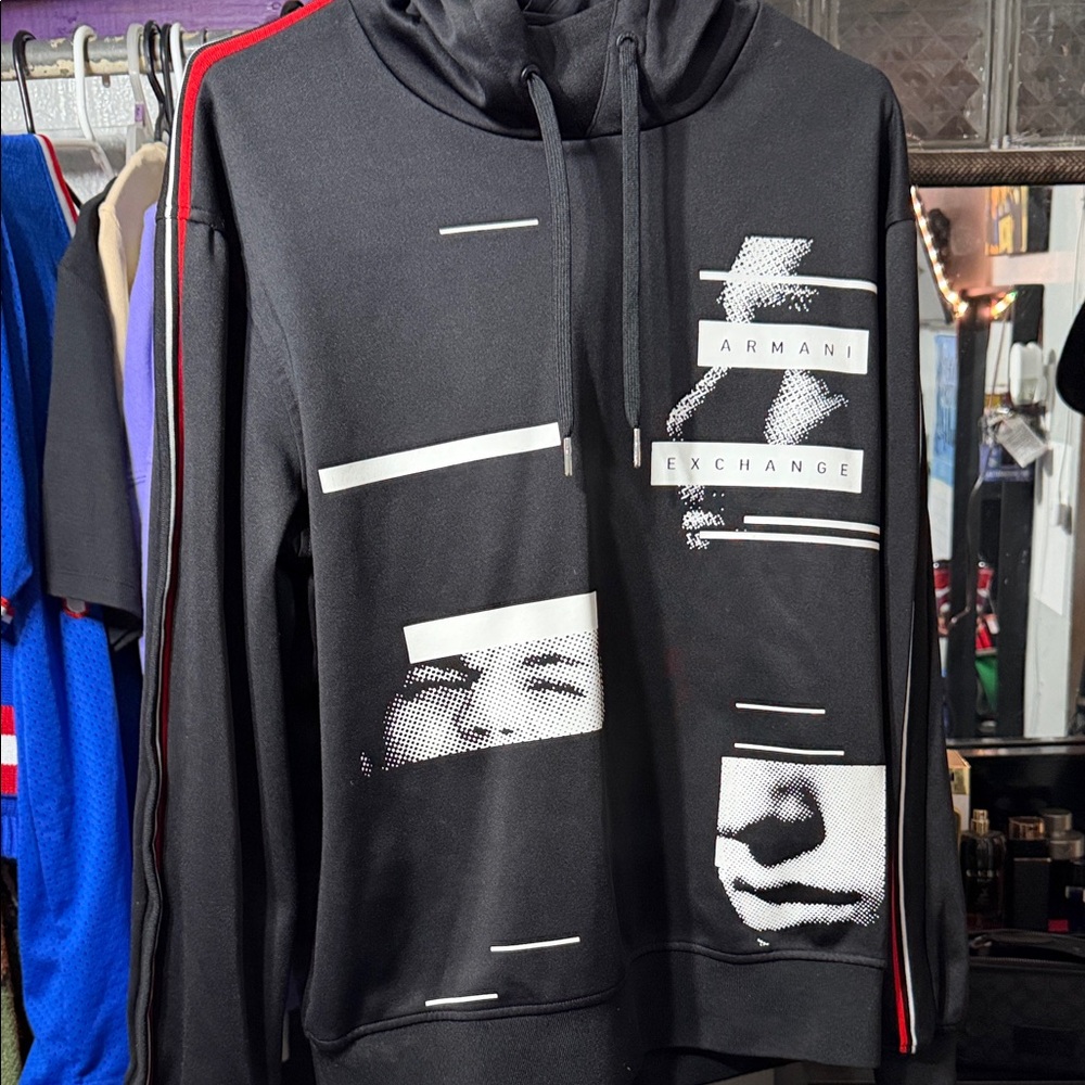 Armani Exchange Black Hoodie with White Graphic and Red Stripe